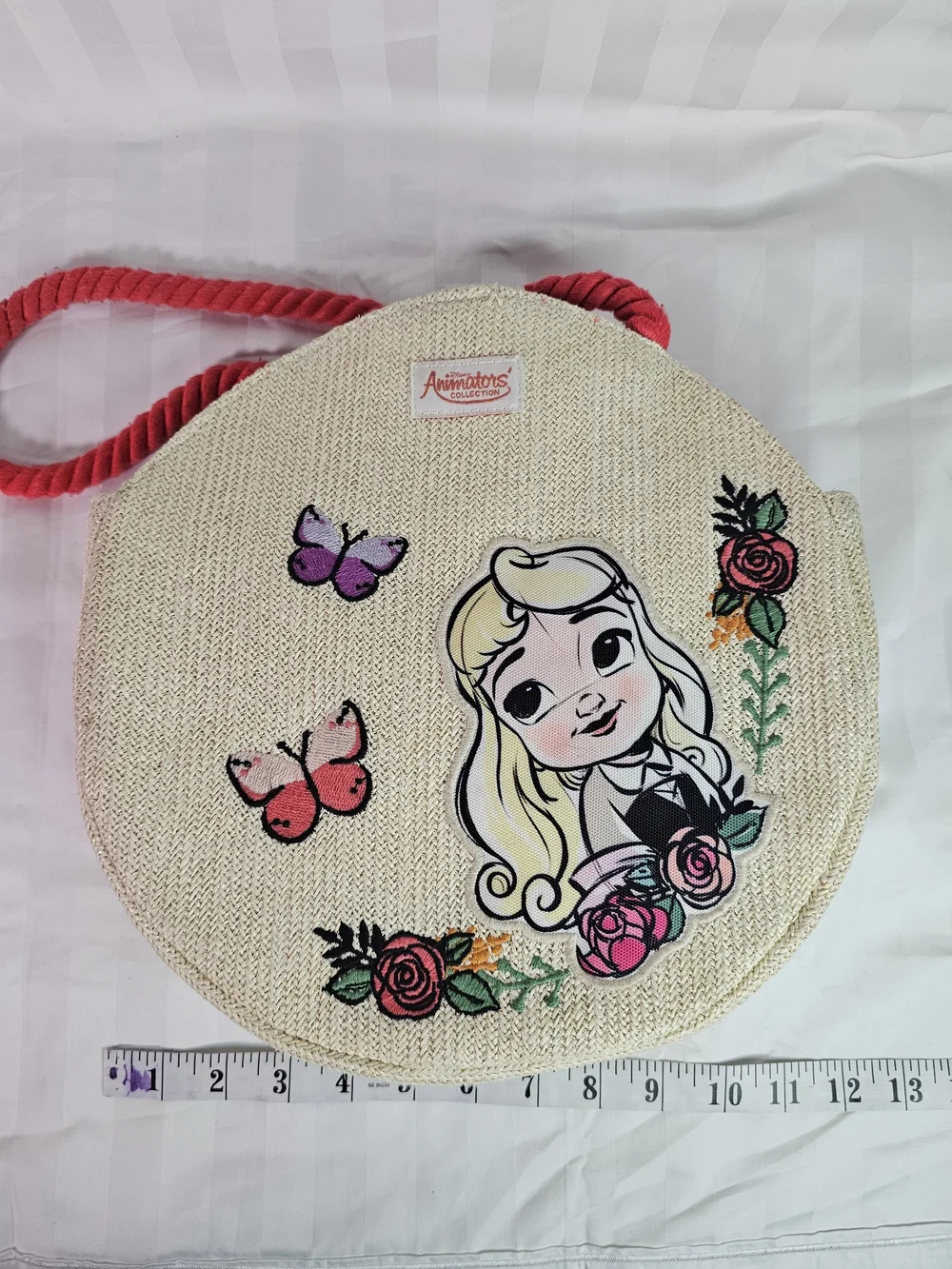 Disney Beige Round Straw Mini Bag with Pink Handle and Floral Art